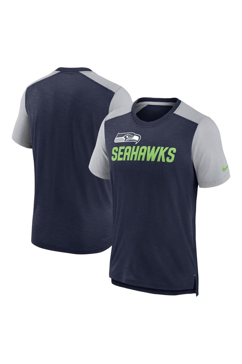 Men's Nike Heathered College Navy/Heathered Gray Seattle Seahawks Color Block Team Name T-Shirt, Main, color, Heather Navy