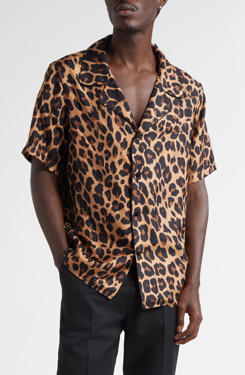 Balmain Leopard Print Silk Button-Up Pyjama Shirt, Main, color, Gba Beige/ Black