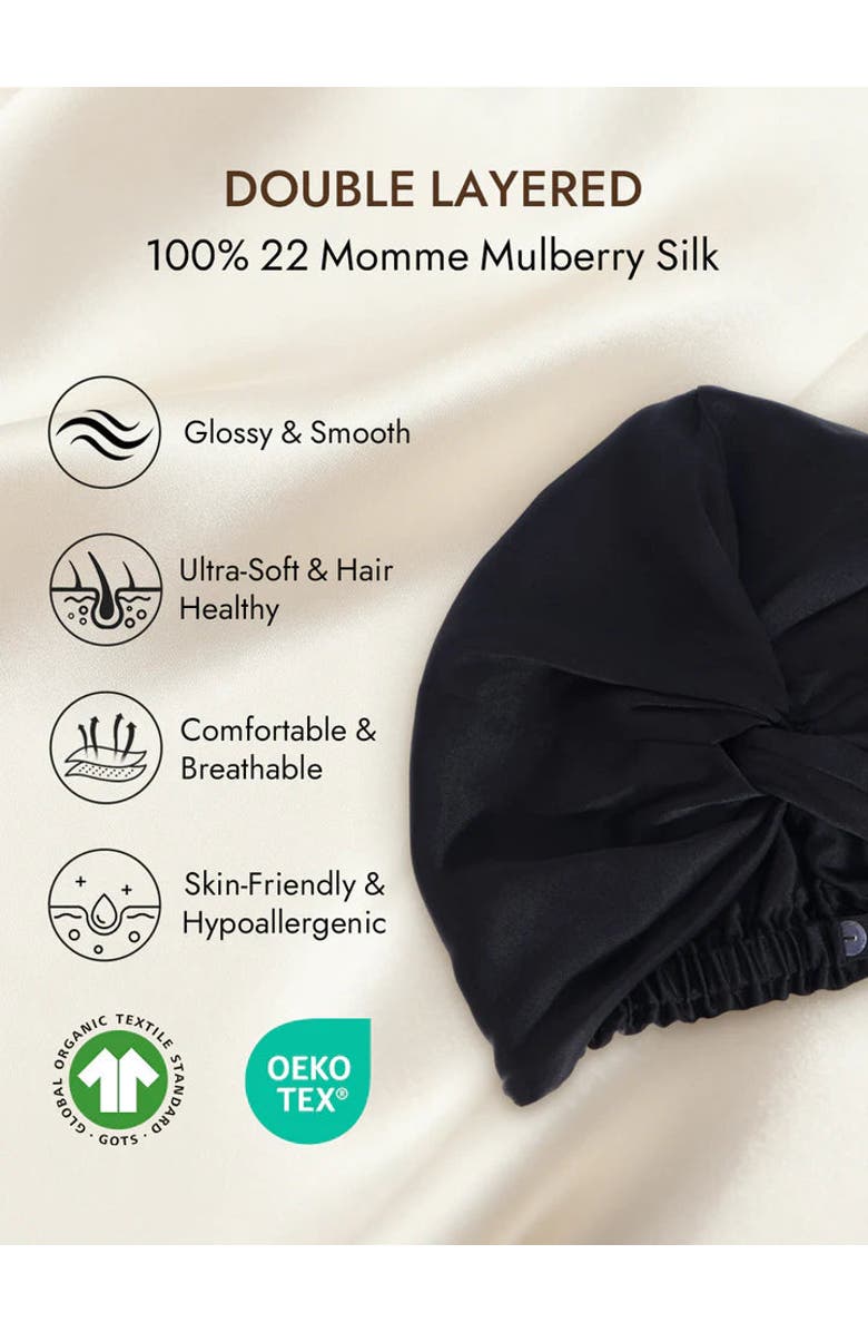 SILKSILKY 22Momme Pure Silk Knot Front Hair Bonnet with Adjustable Button Design, Alternate, color, Black