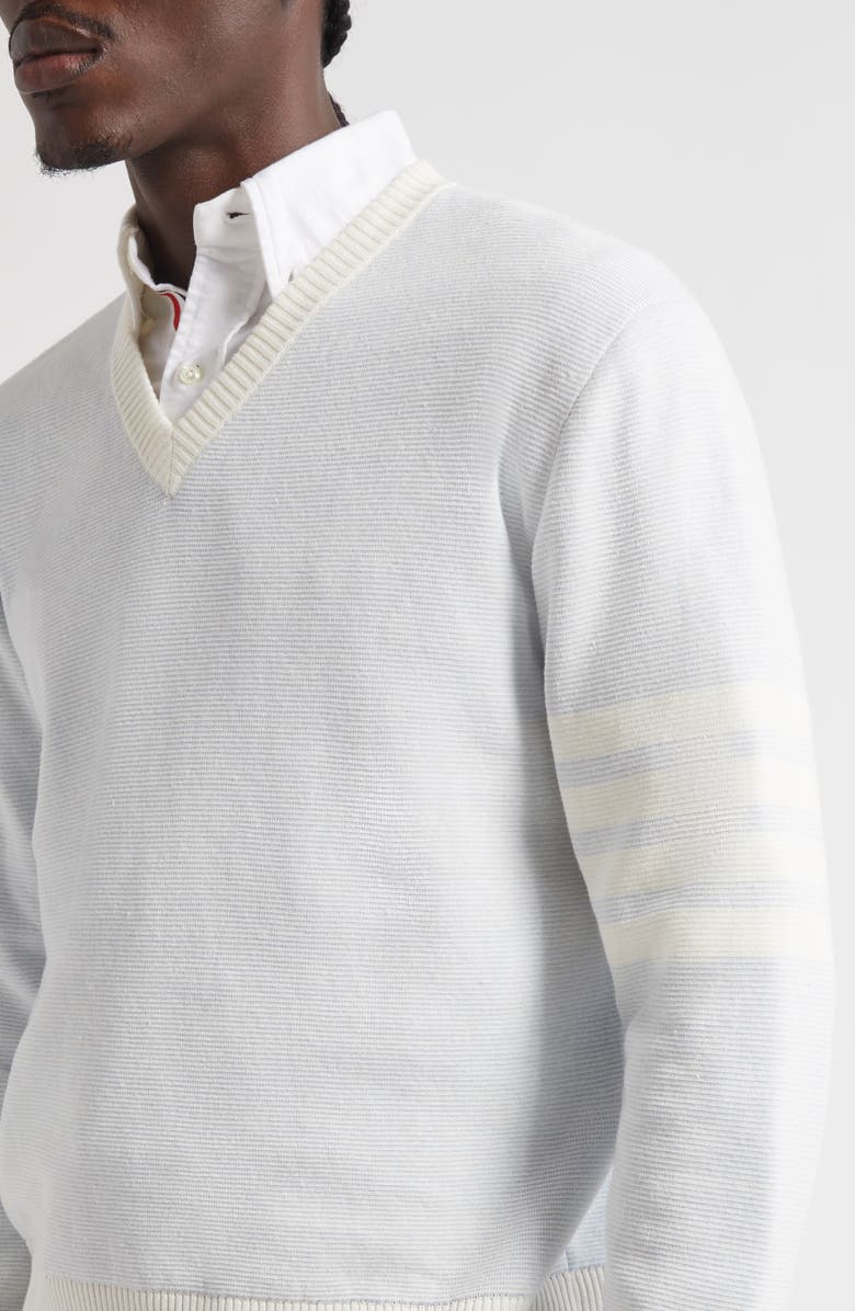 Thom Browne Relaxed Fit 4-Bar Textured Stripe V-Neck Linen & Cotton Sweater, Alternate, color, Light Blue