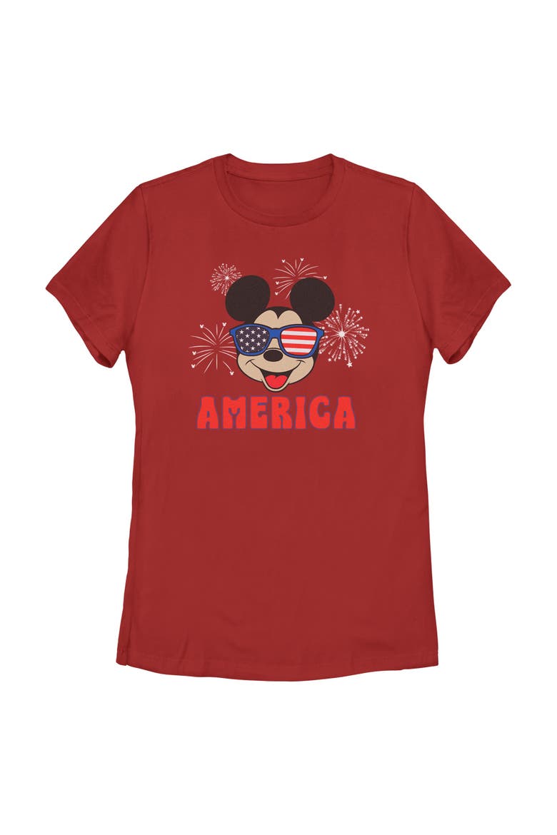 Women's Mickey & Friends American Sunglasses and Fireworks  Graphic T-Shirt, Main, color, Red