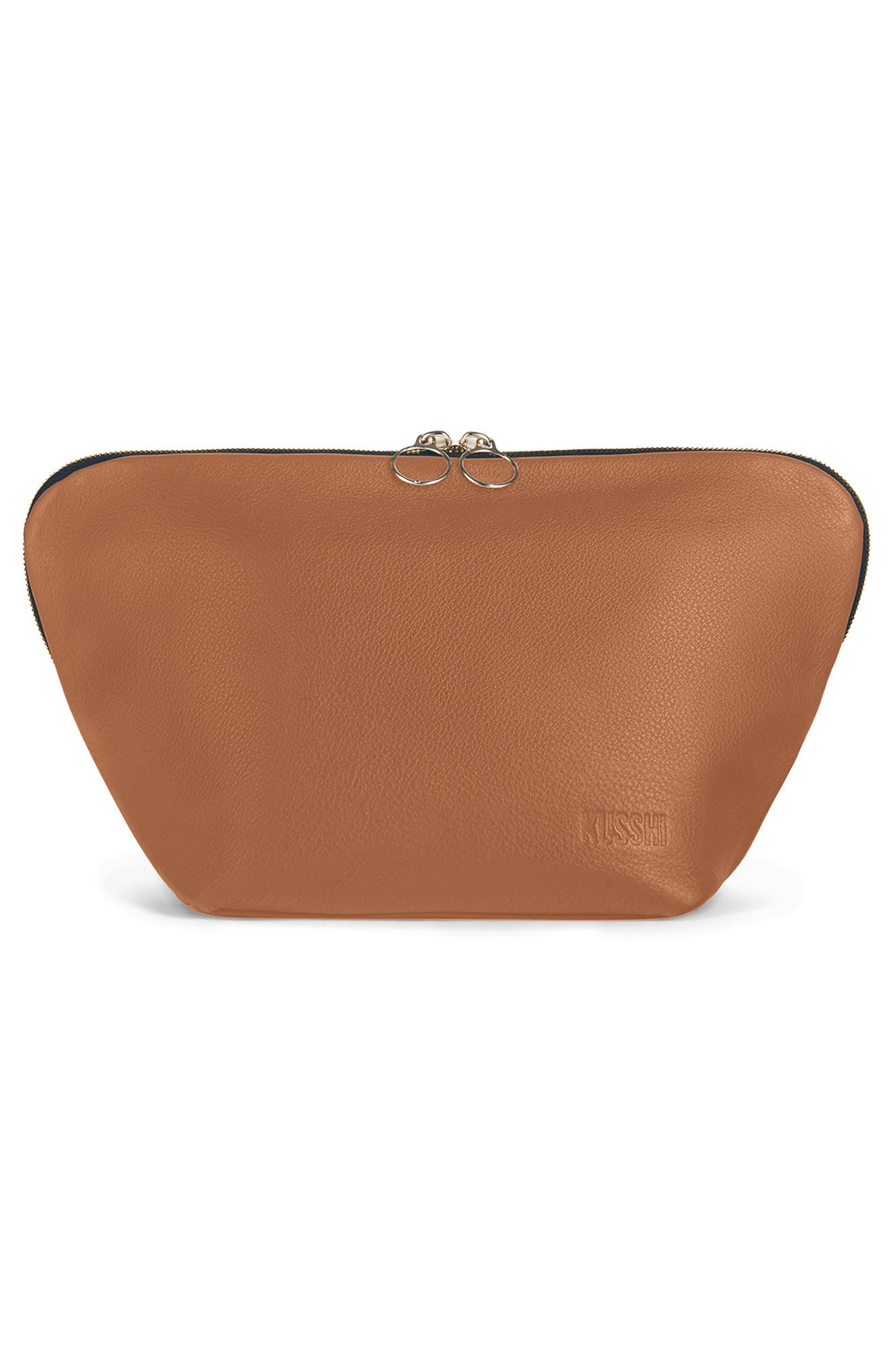 KUSSHI Vacationer Leather Makeup Bag in Camel Leather/Red