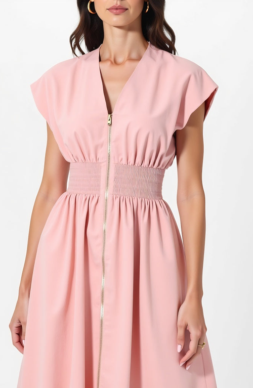 Modenaire Cap Sleeve Midi Dress With Smocked Waist And Side Pockets In Pink