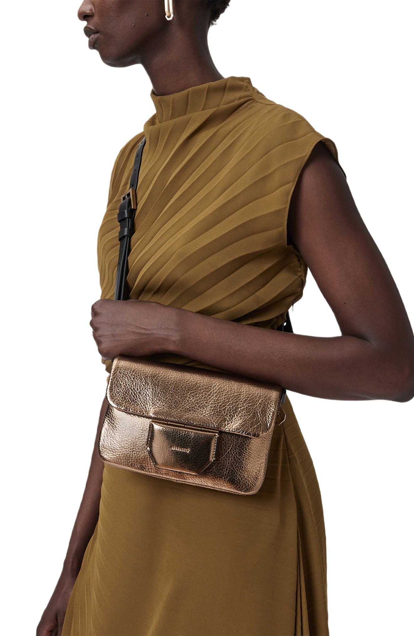 AllSaints Jupiter Metallic Leather Crossbody Bag, Alternate, color, Warm Brass