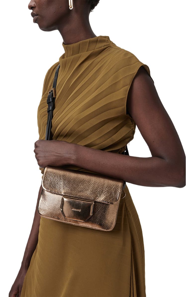 AllSaints Jupiter Metallic Leather Crossbody Bag, Alternate, color, Warm Brass