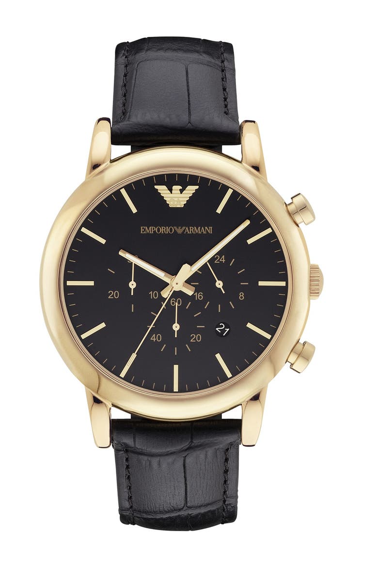 Emporio Armani Leather Strap Watch, 46mm, Main, color, GOLD