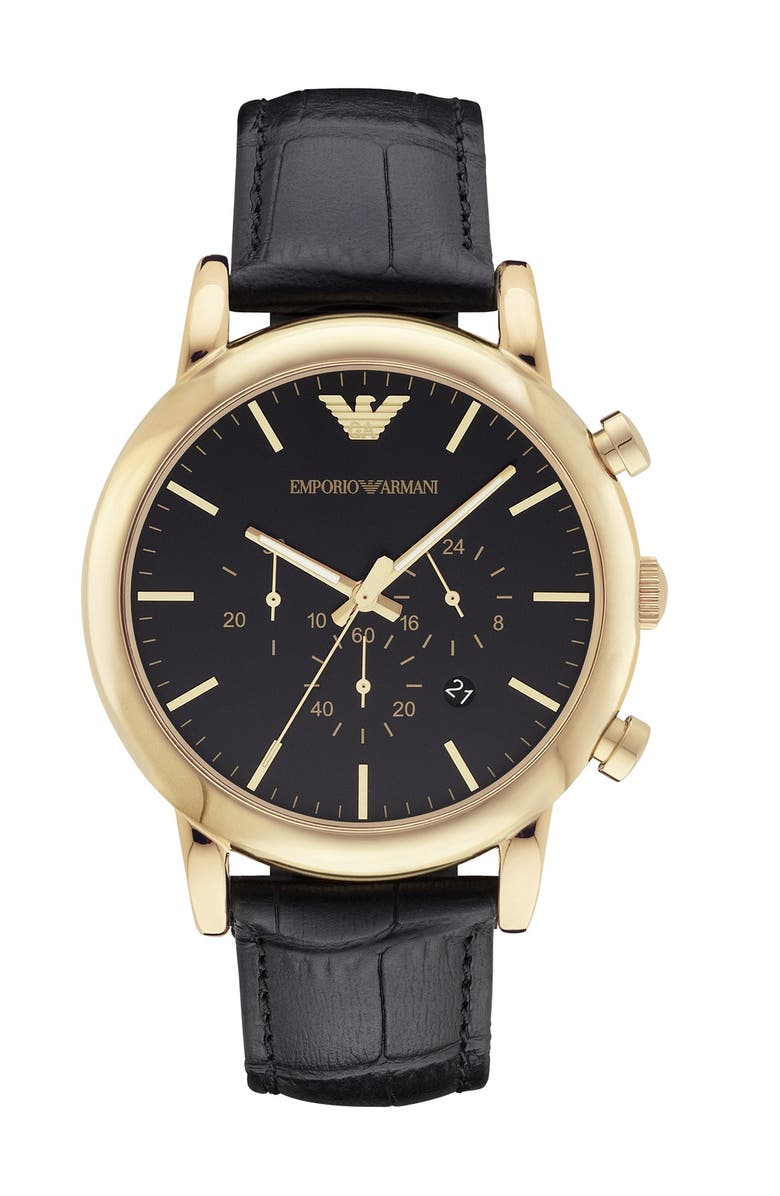 Emporio Armani Emporio Armani Leather Strap Watch, 46mm, Main, color, Black/ Gold