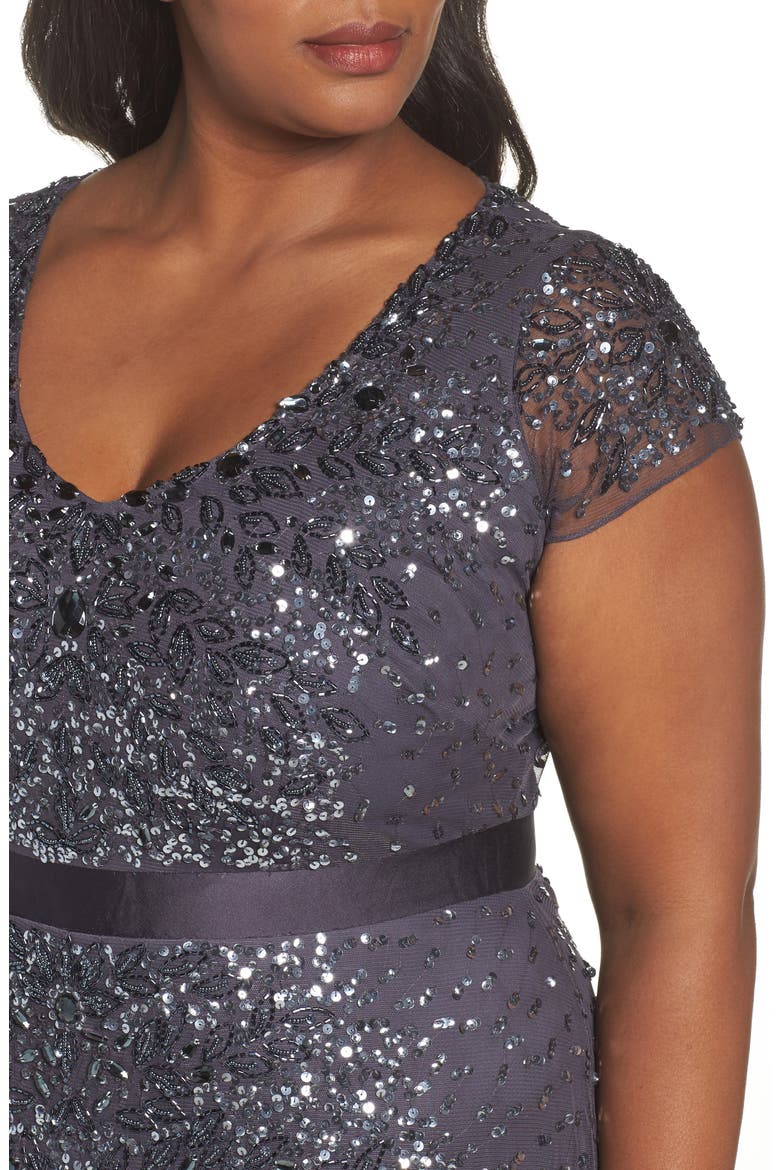Beaded V-Neck Gown, Alternate, color, GUNMETAL