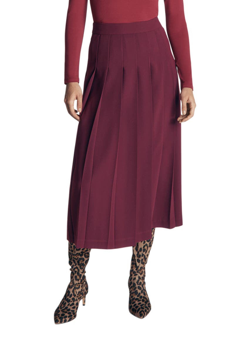 Pleated Side Split Midi Skirt, Main, color, DARK CHERRY