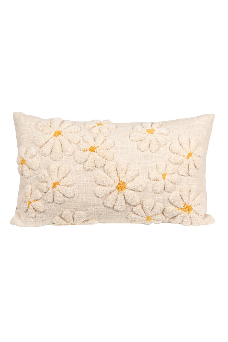 Cotton Slub Lumbar Pillow with Tufted Flowers, Natural and Yellow, Main, color, Natural