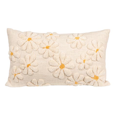 Cotton Slub Lumbar Pillow with Tufted Flowers, Natural and Yellow