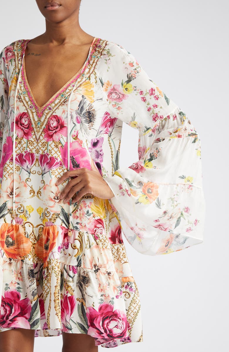 Camilla Destiny Calling Crystal Embellished Long Sleeve Silk A-Line Dress, Alternate, color, 