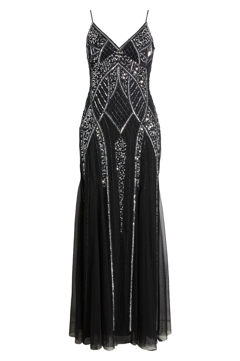 Embellished V-Neck Gown, Alternate, color, BLACK