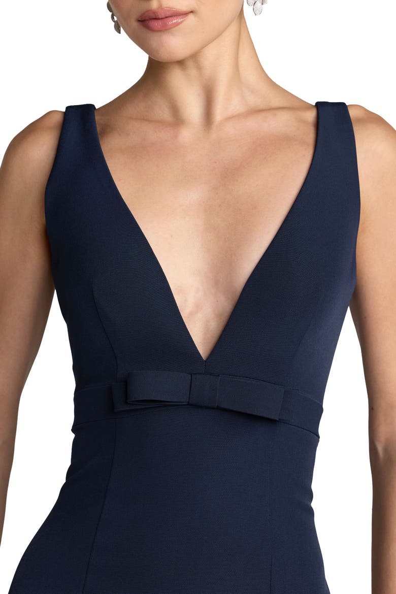 Crepe Sleeveless V Neck Sheath Gown With Bow, Alternate, color, Midnight