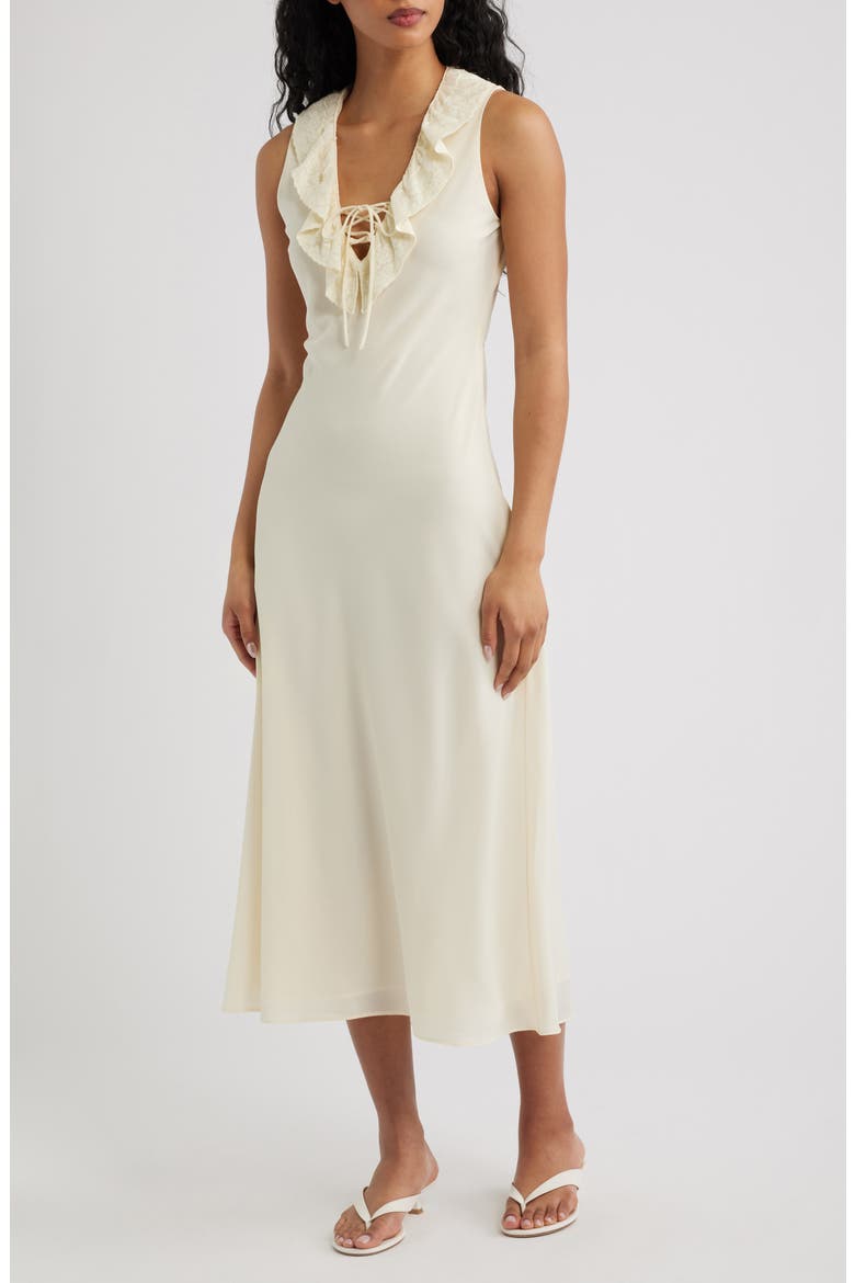 Ruffled Lace Trim V-Neck Midi Dress, Main, color, VANILLA
