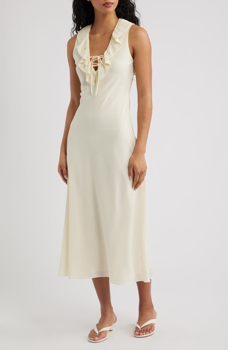 MANGO Ruffled Lace Trim V-Neck Midi Dress, Main, color, Vanilla