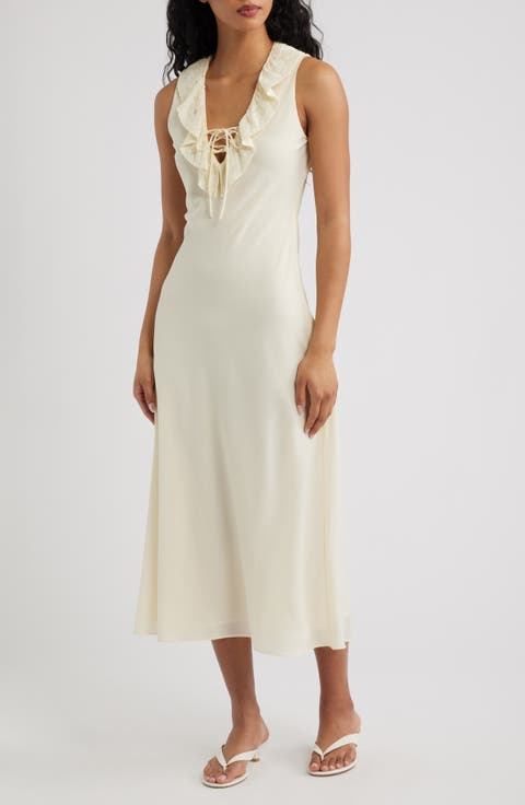 Ruffled Lace Trim V-Neck Midi Dress
