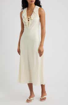Ruffled Lace Trim V-Neck Midi Dress
