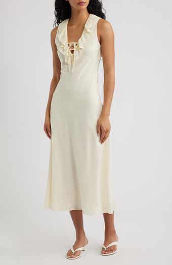 Ruffled Lace Trim V-Neck Midi Dress