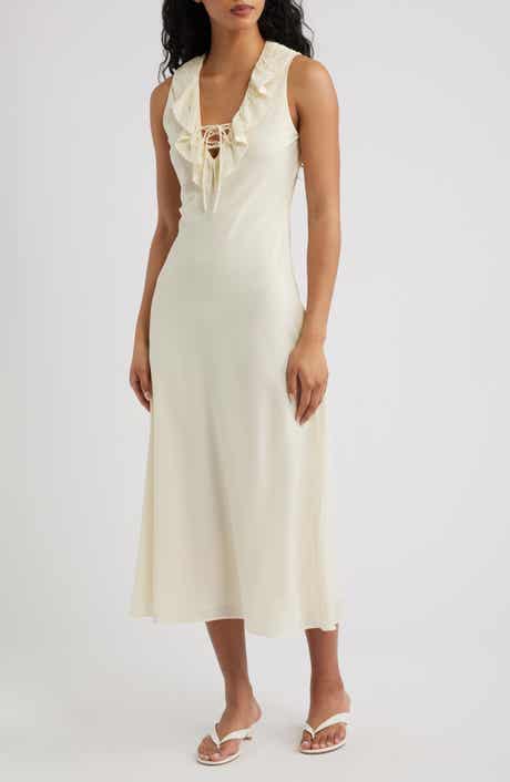Ruffled Lace Trim V-Neck Midi Dress