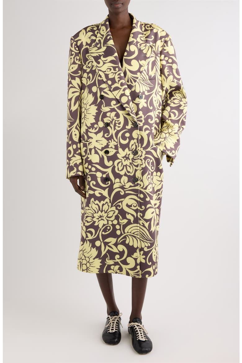 Rosea Historical Floral Double Breasted Scuba Knit Overcoat, Main, color, TAUPE