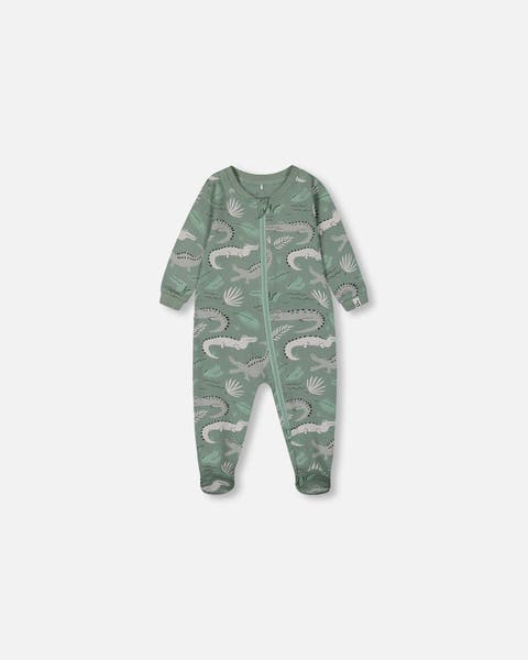 Baby Boy's Printed Organic Cotton One-Piece Pajama Light Sage And Gray Crocodile