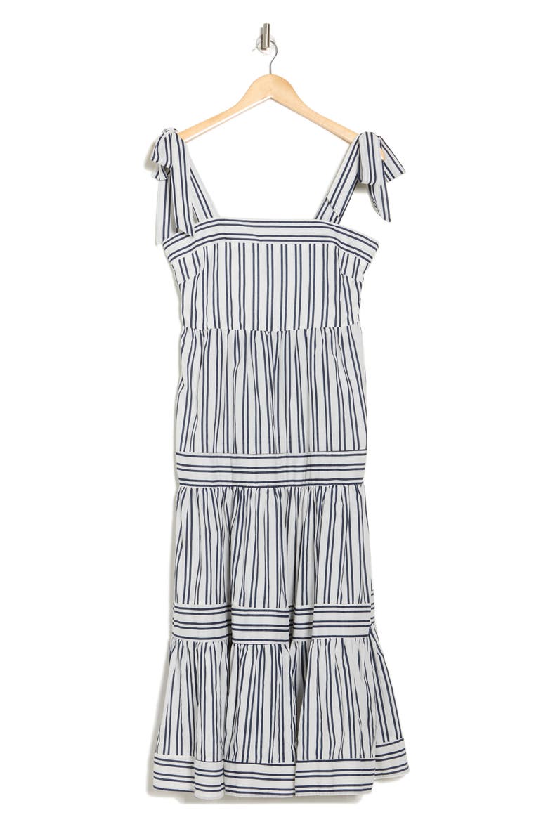 Tie Shoulder Cotton Tiered Sundress, Alternate, color, ECRU NAVY STRIPE