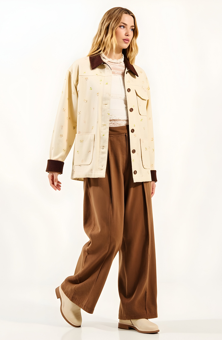Modenaire Floral Print Utility Jacket with Contrast Corduroy Collar and Cuffs, Alternate, color,