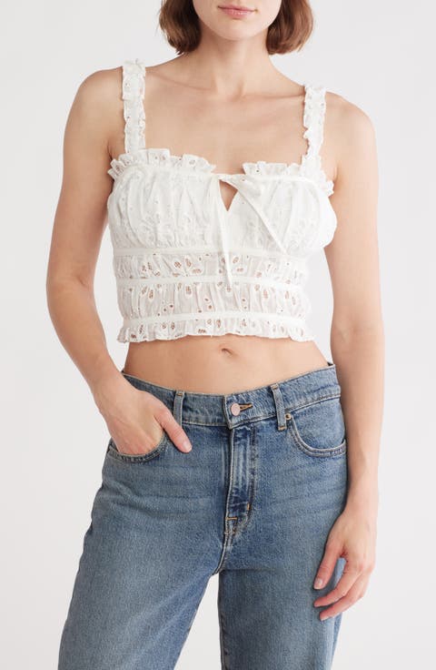 Cotton Eyelet Frill Shirred Tank