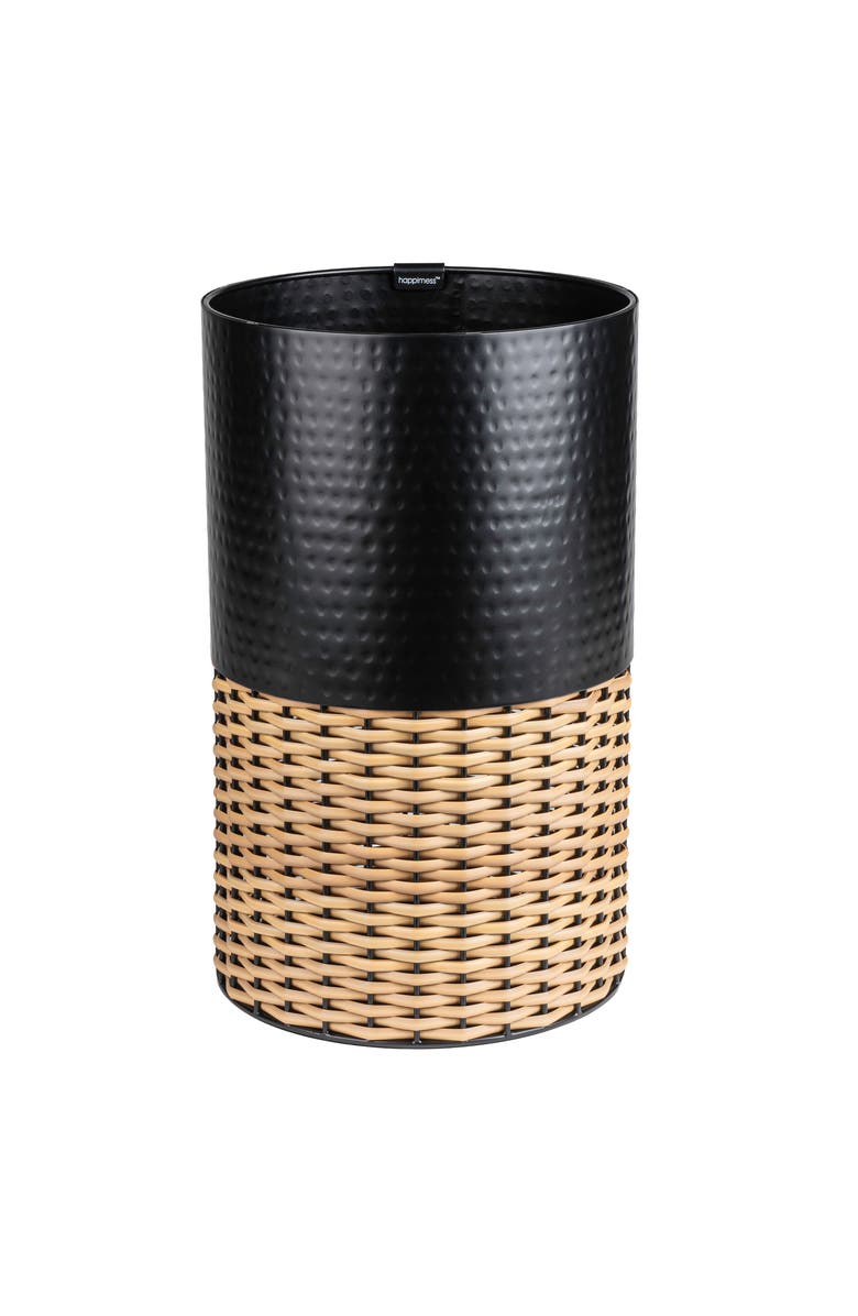 HAPPIMESS Asher Modern 2-Tone Faux Wicker/Metal Cylinder Waste Basket, Main, color, Black/Natural