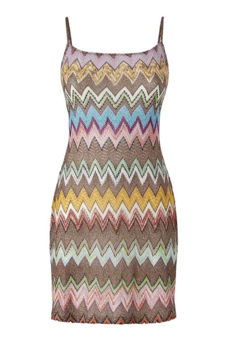Mini Cover-up Dress In Lamé Viscose With Macro Zigzag Pattern, Alternate, color, Black & Multicoloured