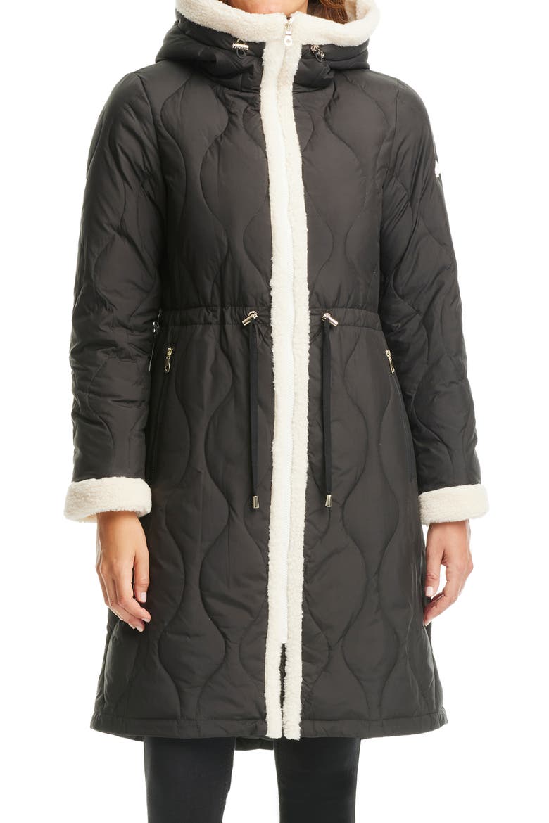 Faux Shearling Trim Down & Feather Fill Coat, Main, color, BLACK