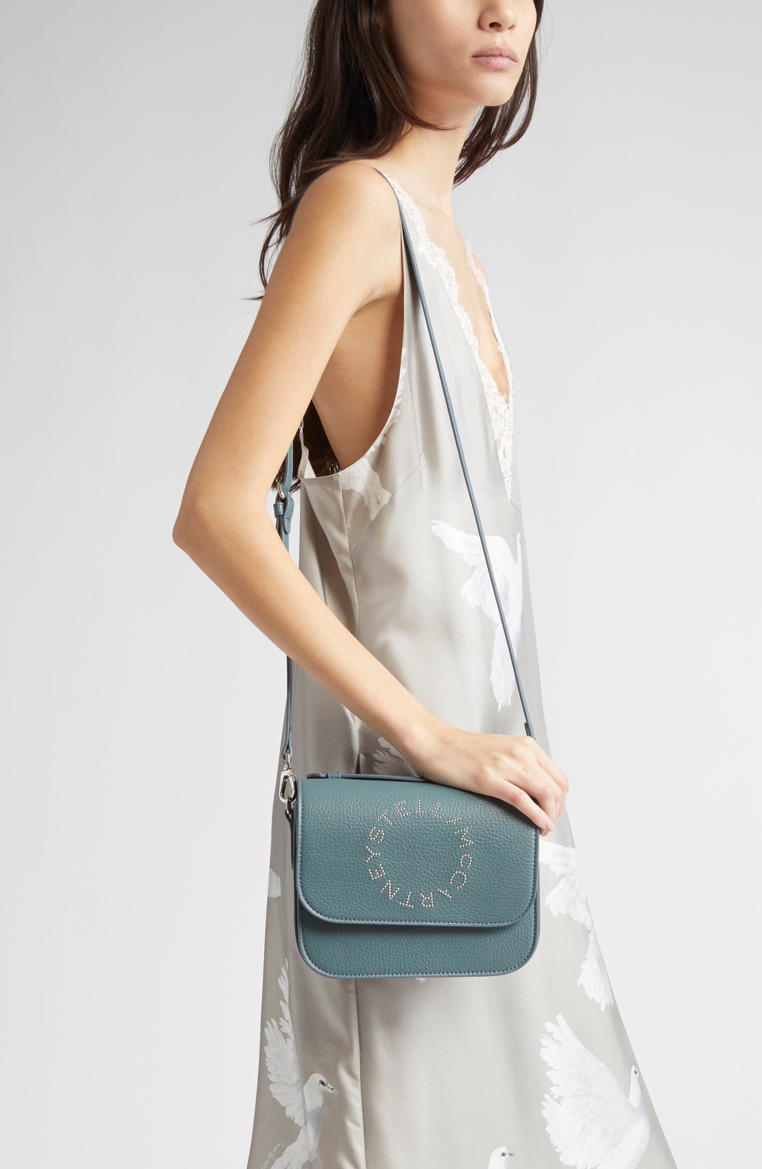 Stella McCartney Studded Logo Faux Leather Crossbody Bag, Alternate, color, Balsam Green