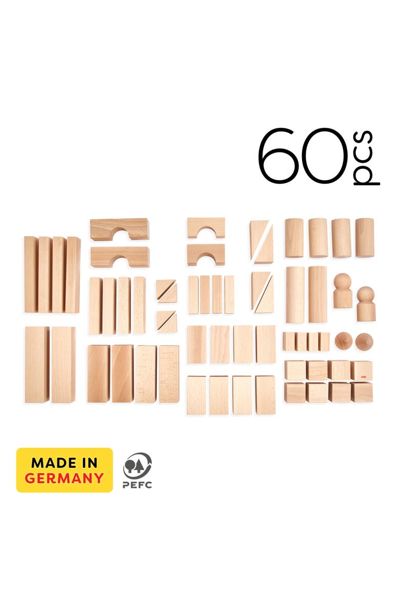 HABA Wooden Building Blocks 60 Piece Set, Ideal Toddler Blocks for Ages 2-4 & Kids Stacking Toys for Ages 1 & Up for Open-Ended Play, Made in Germany, Alternate, color, Tan