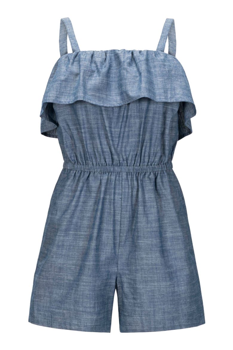Women's Organic Ruffle Top Romper, Alternate, color, Chambray Ruffle