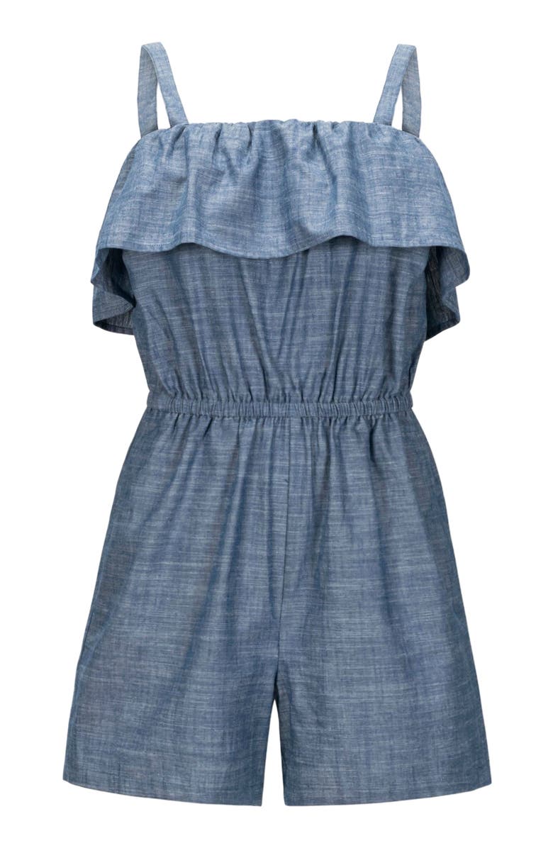 Hope & Henry Women's Organic Ruffle Top Romper, Alternate, color, Chambray Ruffle