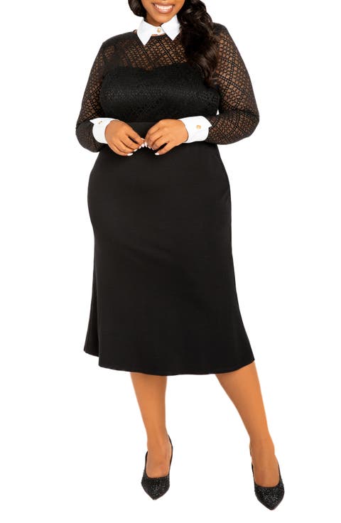 Lace Collar Long Sleeve Midi Dress (Plus)