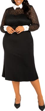 BUXOM COUTURE Lace Collar Long Sleeve Midi Dress