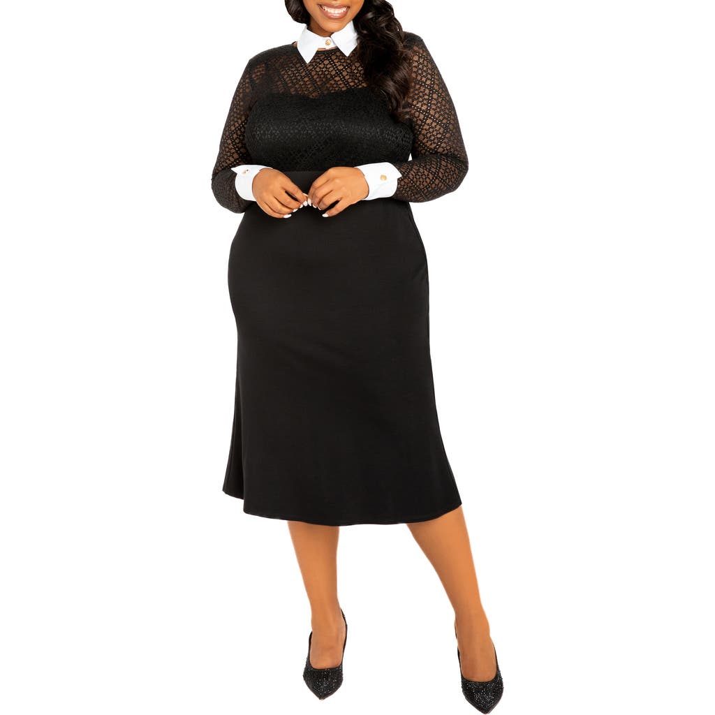 Buxom Couture Lace Collar Long Sleeve Midi Dress In Black