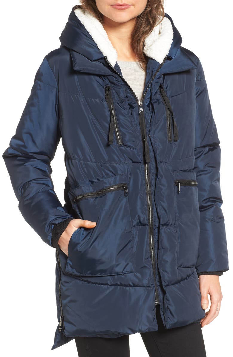 Steve Madden Hooded Puffer Jacket with Faux Shearling Trim, Alternate, color, 