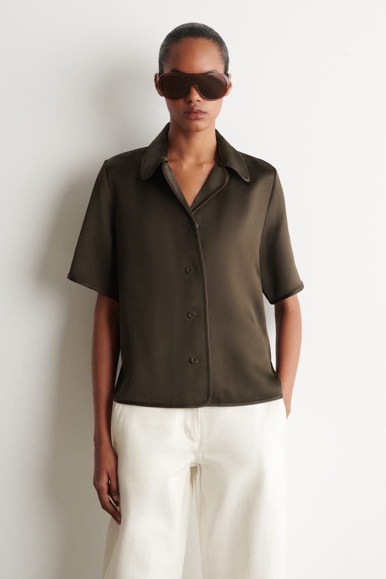 Contrast-piped Satin Shirt, Main, color, BROWN