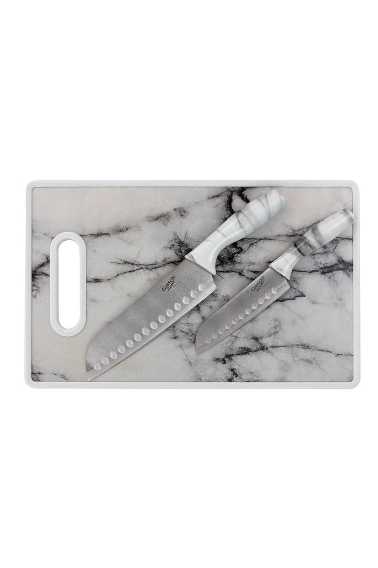Beaumont 3 Piece Stainless Steel Santoku Knife Set with Cutting Board  Marble, Main, color, White