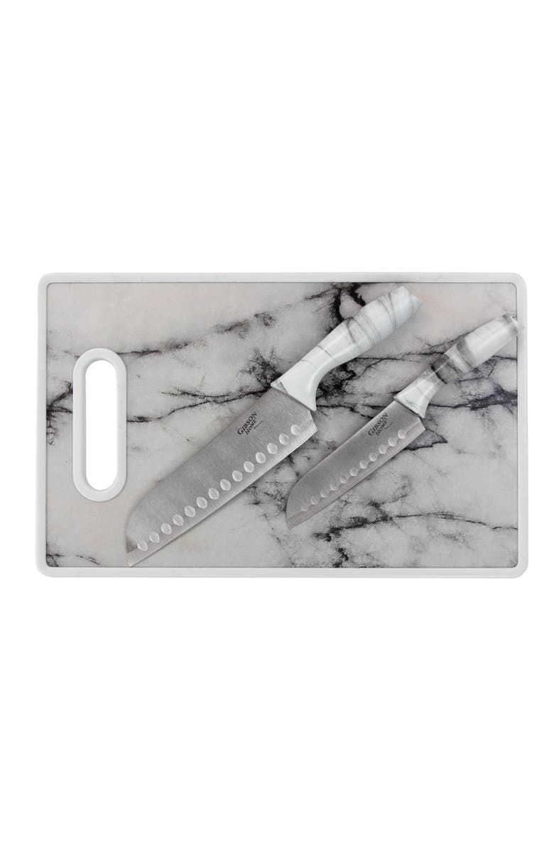 Gibson Home Beaumont 3 Piece Stainless Steel Santoku Knife Set with Cutting Board Marble, Main, color, White