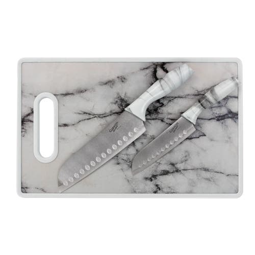 Gibson Home Beaumont 3 Piece Stainless Steel Santoku Knife Set With Cutting Board Marble In Gray