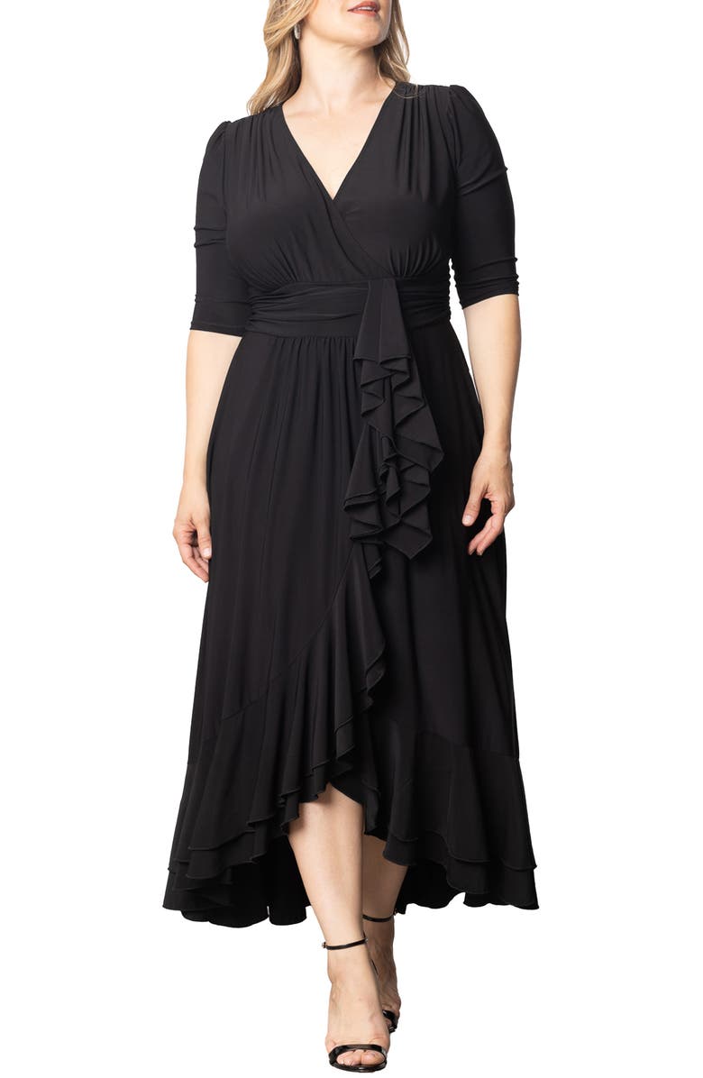 Kiyonna Veronica Ruffled High-Low Evening Gown, Main, color, Onyx