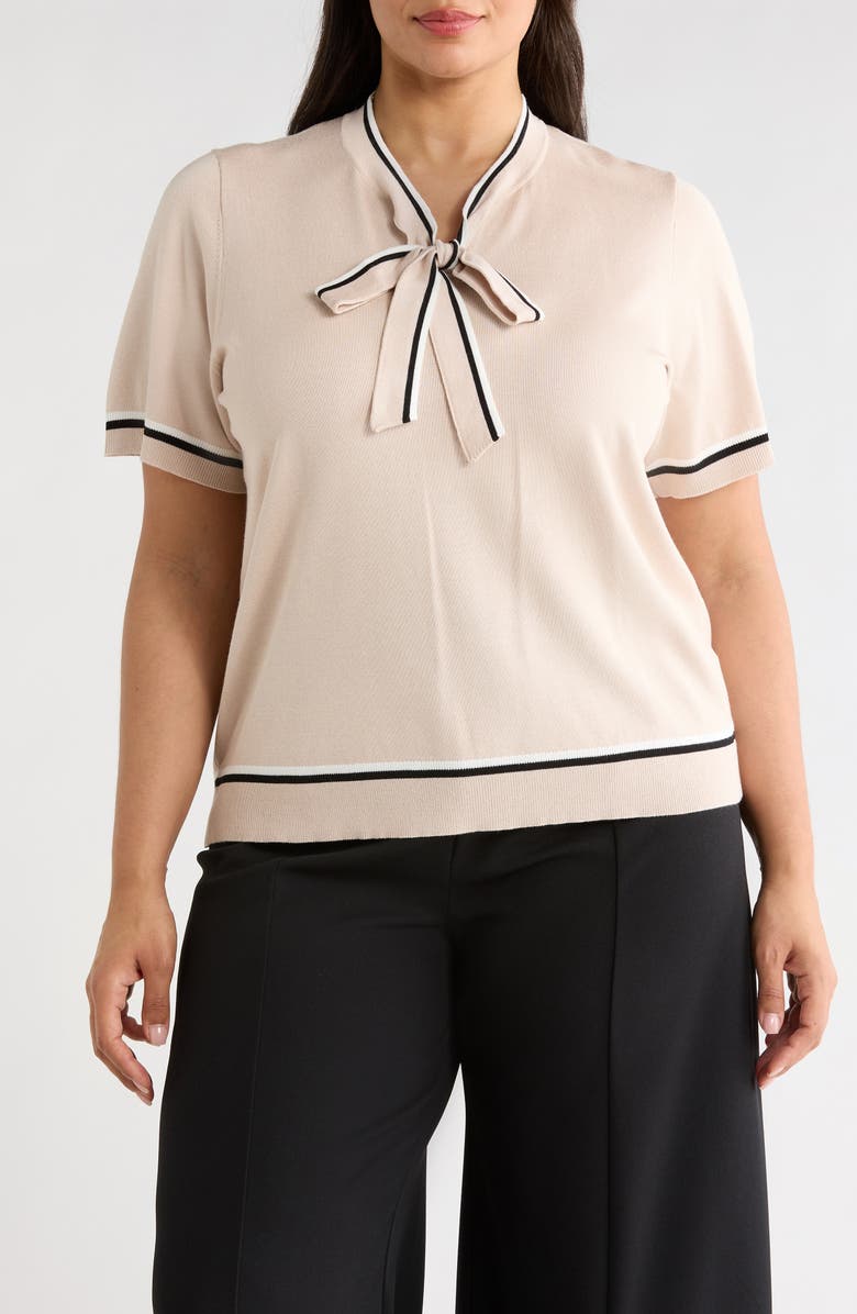 Adrianna Papell Double Tip Tie Neck Sweater, Main, color, Champagne Blush/ Ivory