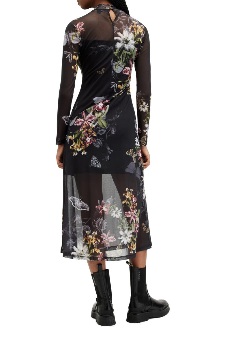 Hanna Sanibel Floral Print Long Sleeve Mesh Maxi Dress, Alternate, color, BLACK
