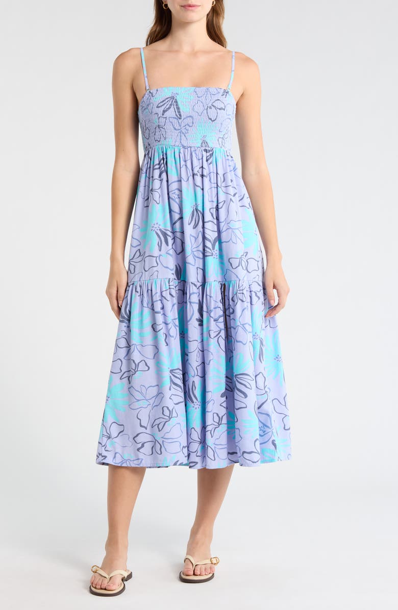 Billabong Tropical Daze Smocked Bodice Cotton Blend Midi Sundress, Alternate, color, Twilight Blue