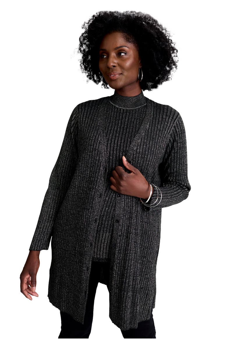 Jessica London Ribbed Midi Cardigan, Main, color, Black Metallic