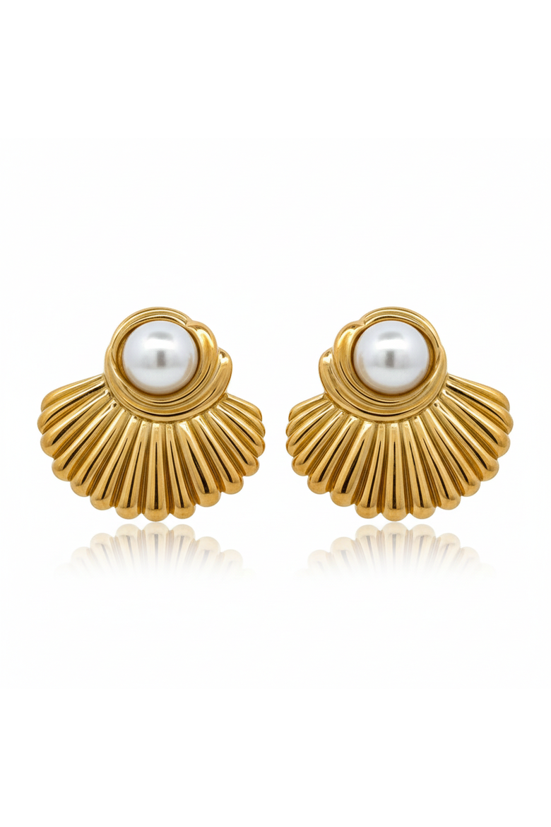 18K Yellow Gold Plated Crystal Pearl Shell Stud Earrings, Main, color, Yellow